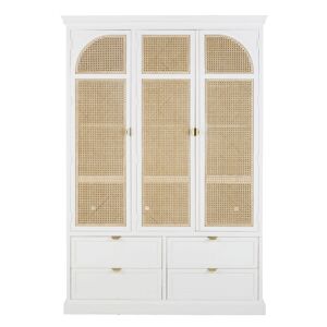 Maisons du Monde Armoire 3 portes battantes 4 tiroirs blanc et cannage en rotin