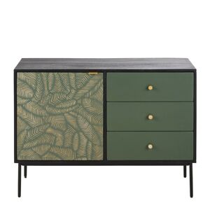 Maisons du Monde Buffet 1 porte 3 tiroirs noir et vert motif sculpte feuillage