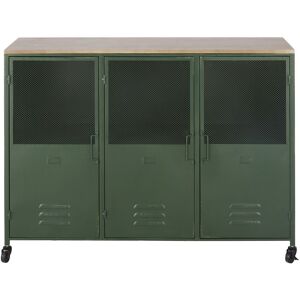 Maisons du Monde Buffet style industriel 3 portes en bois de sapin et metal vert a roulettes