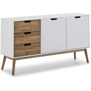 HOMN Buffet commode 3 tiroir y 2 porte blanc, pin massif, longueur 140 cm