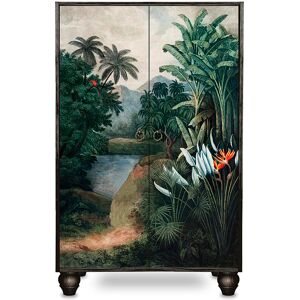 RNT by Really Nice Things Buffet armoire en pin massif imprime tropical sur fond noir.