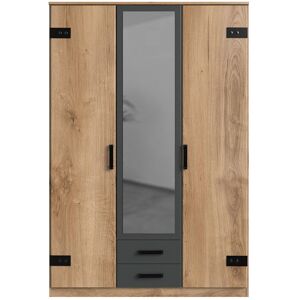 Calicosy Armoire 2 portes decor chene 1 porte miroir et 2 tiroirs - H198 cm