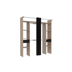 Concept Usine Dressing bois avec rideau noir et 2 penderies, 6 etageres et 2 tiroirs