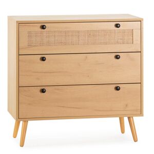 HOMN Commode nuit 3 tiroirs couleur chene avec rotin naturel