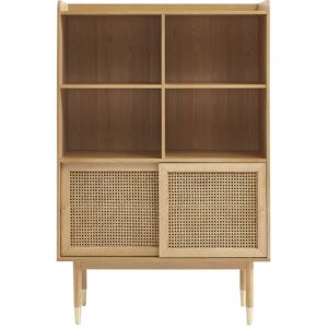 Drawer Bibliotheque 2 portes, 4 niches en bois et cannage H152cm bois clair