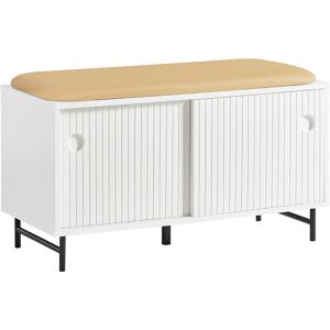 SoBuy Banc a chaussures 2 portes coulissantes et 4 etageres effet bois blanc