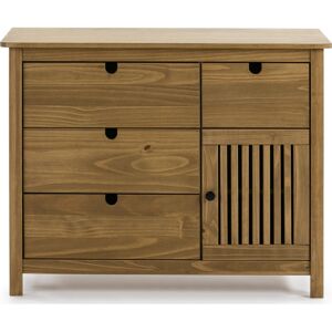 Homifab Commode 1 porte 4 tiroirs en pin massif couleur bois naturel 100 cm