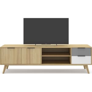 Homifab Meuble TV 2 portes 2 tiroirs en pin massif bicolore/effet chene 180 cm