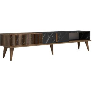 Menzzo Meuble tv 2 portes et 1 etageres 180cm bois fonce et effet marbre noir