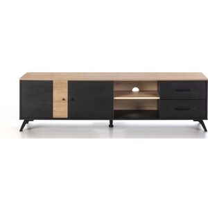 Homifab Meuble TV 2 portes 2 tiroirs effet bois noir et bois naturel 180 cm