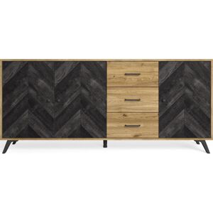 Homifab Buffet 3 portes 3 tiroirs effet bois noir a chevrons et naturel 180 cm