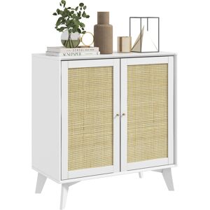 Homcom Buffet 2 portes etagere style boheme chic cannage rotin panneaux blanc