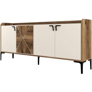 Menzzo Buffet bas 4 portes 180cm bois naturel et blanc creme et metal noir