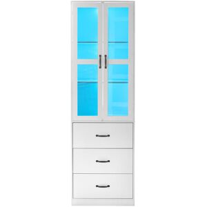 Urban Meuble Buffet vitrine blanche avec 3 tiroirs 2 cloisons eclairage LED H200cm