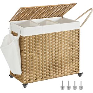 SONGMICS Panier a linge 160L 3 compartiments imitation de rotin de PP boisee