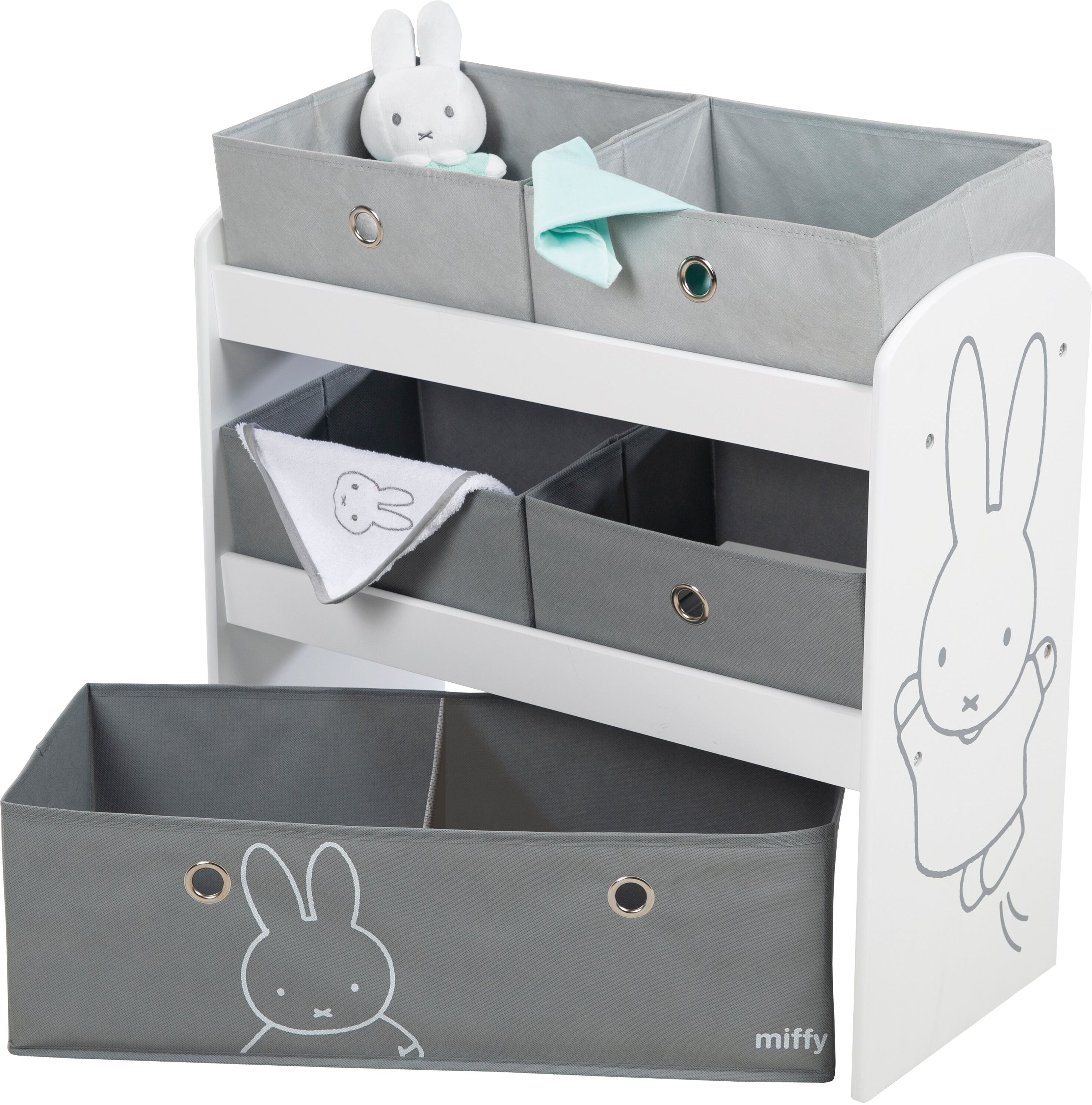 roba Étagère enfant pour jouets en bois blanc + 5 bacs en tissu gris