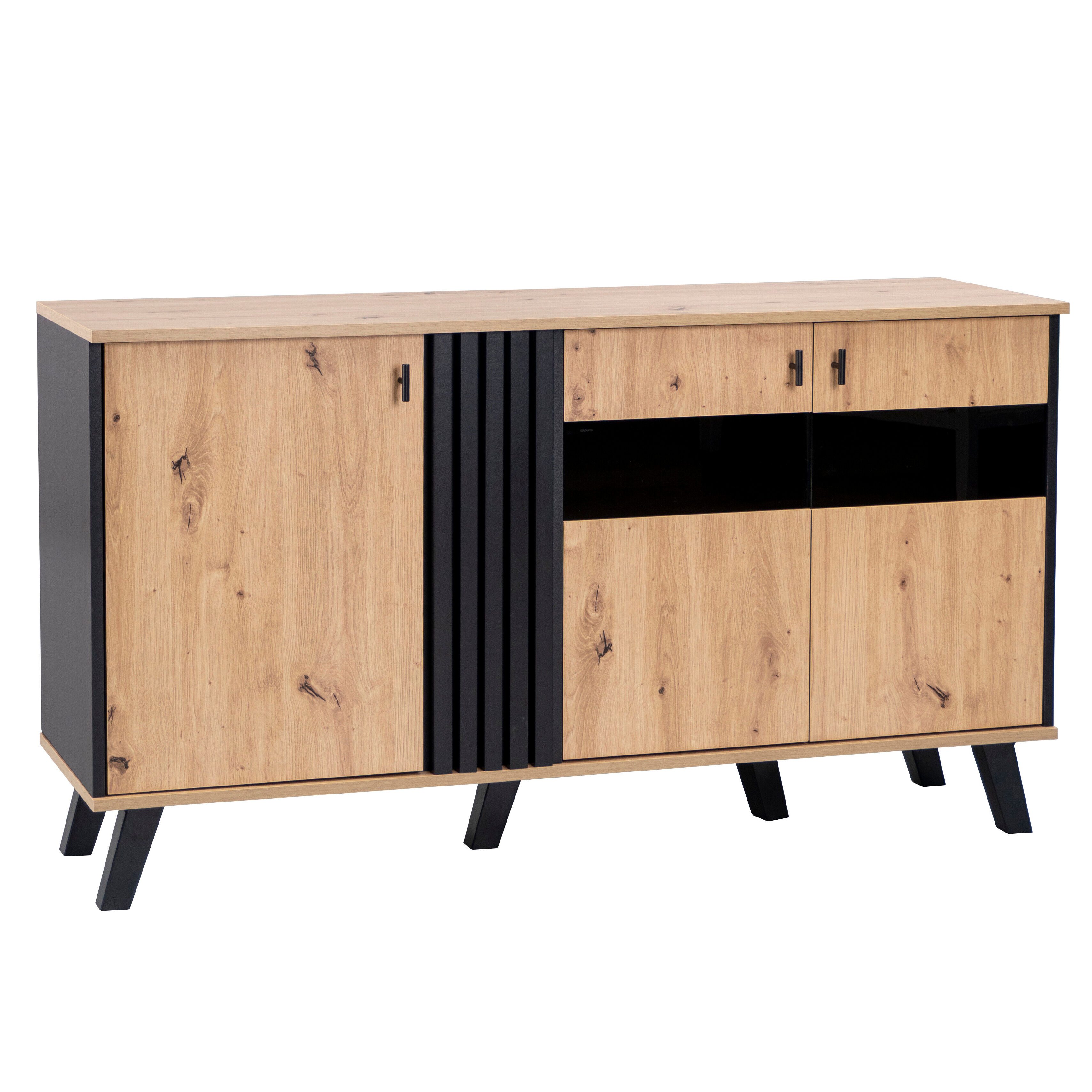 Urban Meuble Buffet armoire en bois et noir verre teinté LED 140x78x41cm