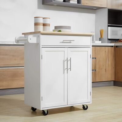 Homcom Desserte de cuisine sur roulettes avec tiroir et porte-torchons blanc - Publicité Homcom Desserte de cuisine sur roulettes avec tiroir et porte-torchons blanc - Publicité