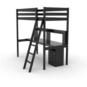 Terre de Nuit Lit mezzanine avec bureau en bois massif noir 90x190