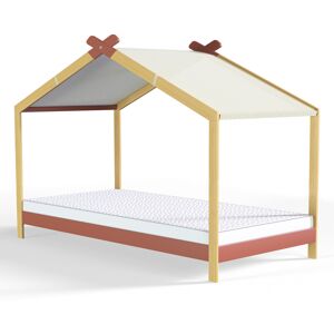 Homifab Ensemble lit cabane 90x190 en pin terracotta + matelas mousse