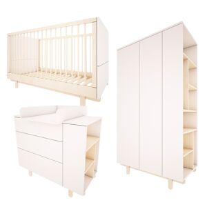 Wood Luck Design Chambre bebe : Trio - lit evolutif 70x140 commode armoire blanc