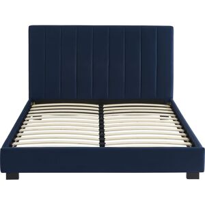 Homifab Lit adulte avec tete de lit capitonnee en velours bleu nuit 140x190