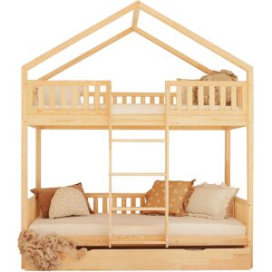 Tendresse de bebe Lit cabane superpose 90x190 barriere sommier et tiroir inclus naturel