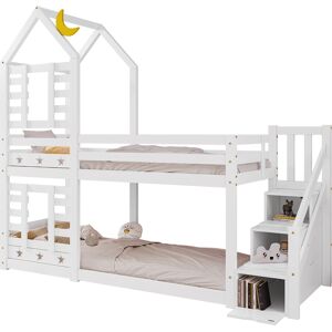 Urban Meuble Lit superpose lit enfant bois blanc escalier avec rangement 90x200cm