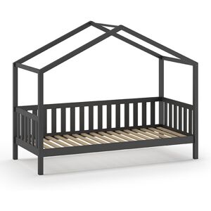 Drawer Lit enfant cabane avec barrieres en bois 90x200cm gris anthracite