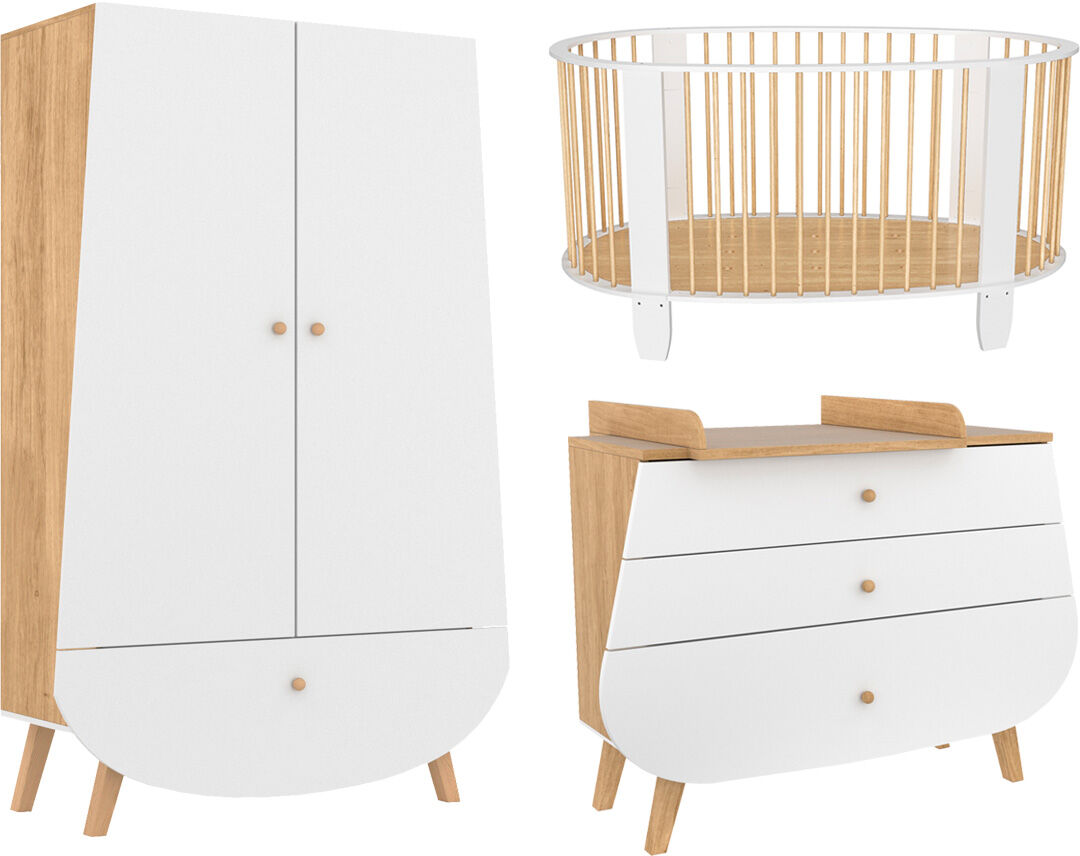 Songes et rigolades Chambre bébé : Trio - lit bébé 60x120 commode armoire blanc naturel