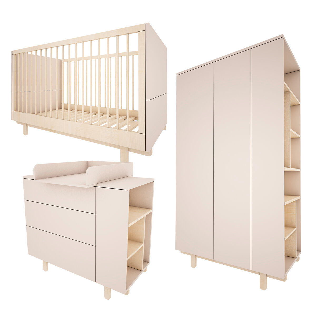 Wood Luck Design Chambre bébé : Trio - lit évolutif 70x140 commode armoire beige