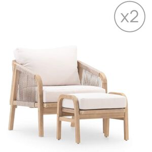 Defora Home Set de 2 fauteuils de jardin avec 2 repose-pieds bois et corde beige