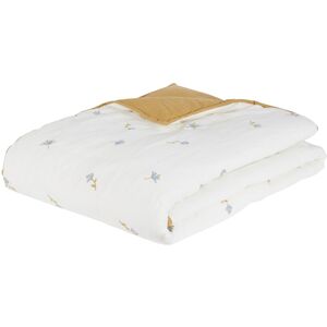 Maisons du Monde Boutis en coton et lin motif brode fleurettes ocre et bleu 100x200