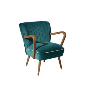 Robin des Bois Fauteuil vintage a accoudoirs en chene et velours bleu canard