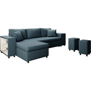 Usinestreet Canape d'angle convertible bleu avec rangement poufs a droite