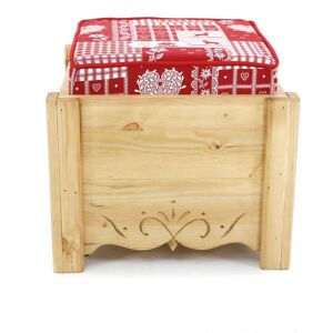 Grenier Alpin Pouf coffre de rangement pin massif sculpte Cervino rouge Aspin