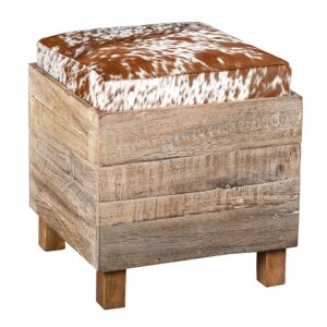 Aubry Gaspard Coffre pouf carre en bois recycle et peau de vache