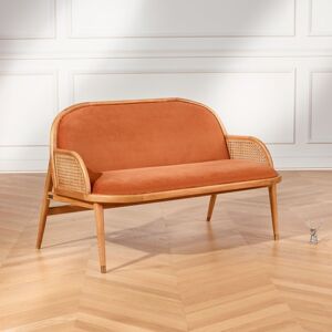 Robin des Bois Banquette 2 places en chene massif, cannage et velours caramel