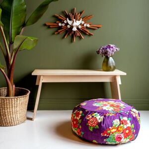 Vent de Boheme Grand pouf rond en velours imprime fleuri violet h. 25cm