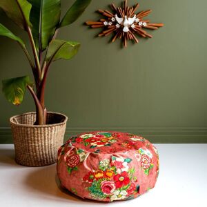 Vent de Boheme Grand pouf rond en velours imprime fleuri rose h. 25cm