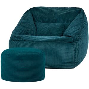 Icon Pouf fauteuil avec repose-pied rond velours côtele bleu canard