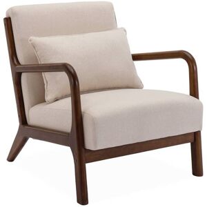 sweeek Fauteuil tissu beige , bois d'hevea teinte noyer