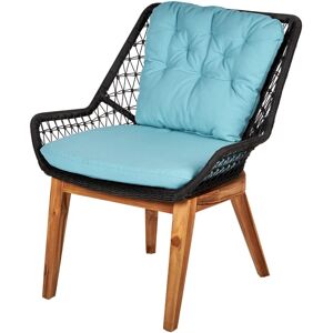 Rotin Design Fauteuil en corde tressee noir et bois avec coussins bleus