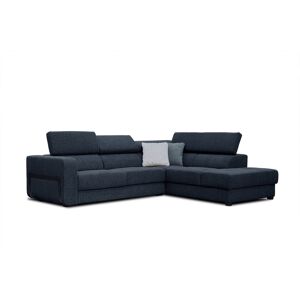 Courtois Laville Canape d'angle droit 5 places en tissu bleu fonce avec coussins deco