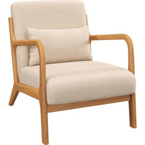 Homcom Fauteuil lounge 3 coussins bois hevea aspect velours beige