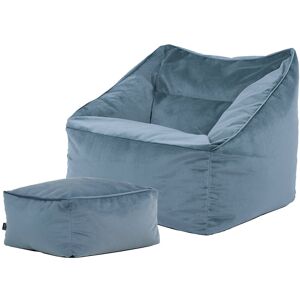 Icon Pouf fauteuil avec repose-pied carre velours bleu mineral