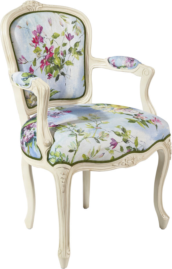 Robin des Bois Fauteuil cabriolet patine ivoire et tissu lin fleuri