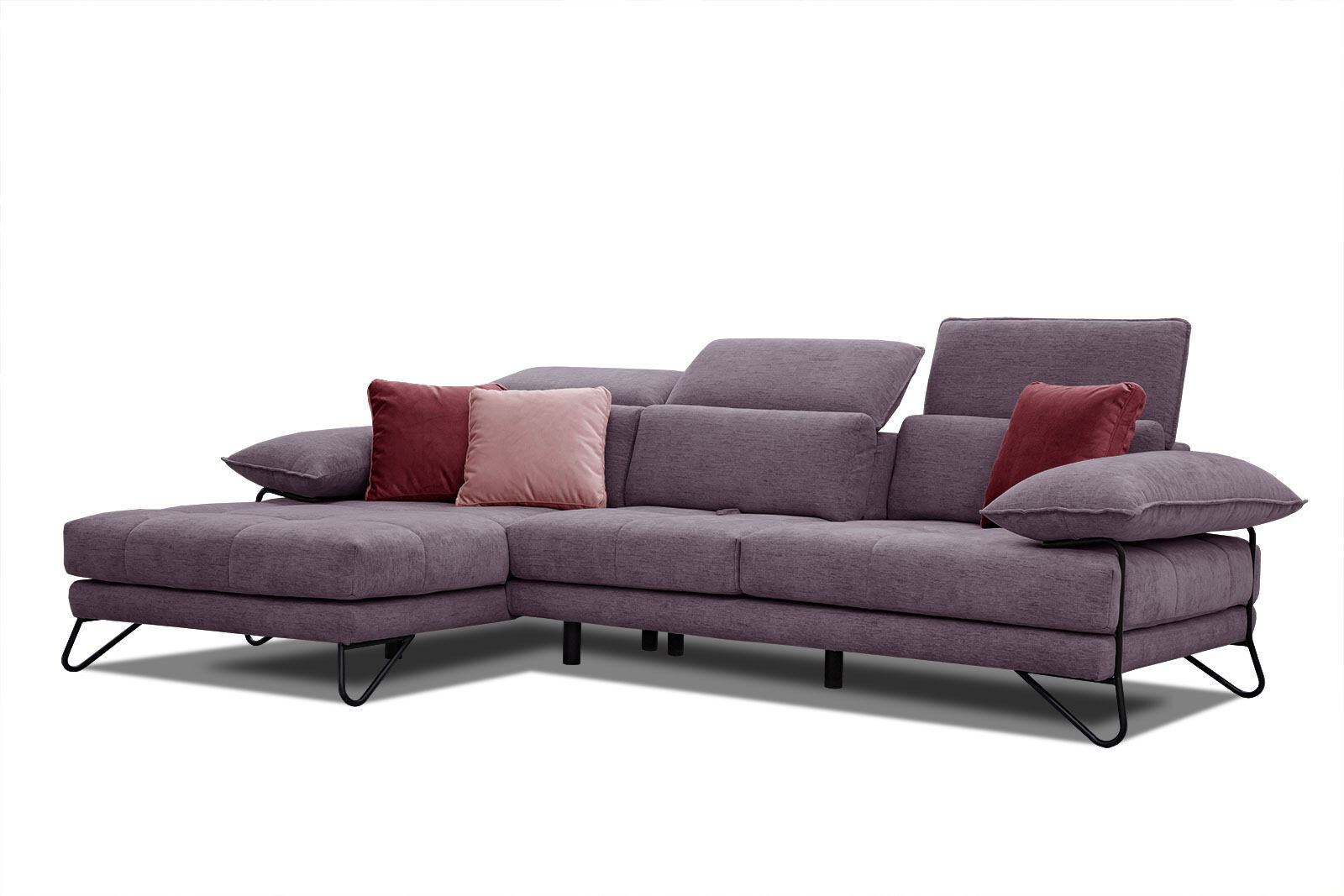 Courtois Laville Canapé d'angle gauche 4 places en tissu violet avec coussins déco