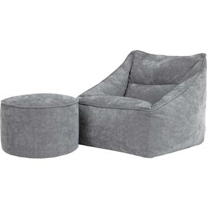 Icon Pouf fauteuil et repose-pied rond en tissu chenille texturé gris - Publicité Icon Pouf fauteuil et repose-pied rond en tissu chenille texturé gris - Publicité