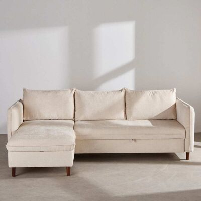Maisons du Monde Canapé d'angle convertible 3/4 places effet velours beige, matelas 17 cm - Publicité Maisons du Monde Canapé d'angle convertible 3/4 places effet velours beige, matelas 17 cm - Publicité